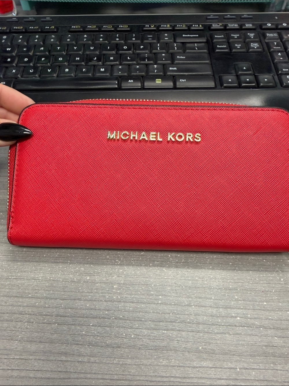 Michael Kors Red Saffiano Zip-Around Wallet with Gold Logo